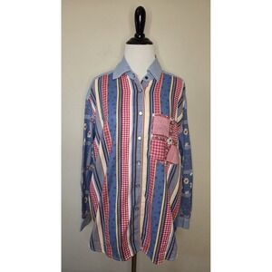 Vtg LizWear Cotton Patchwork Denim Button Down Shirt Western Snaps Grandmacore M
